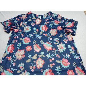 CW Classics Women Blouse 1X Plus Short Sleeve Navy Blue Floral Multicolor New